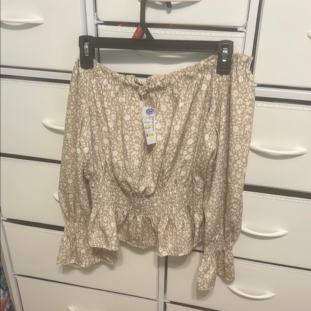 Love Tree Tan Cream Smocked Peplum Blouse
